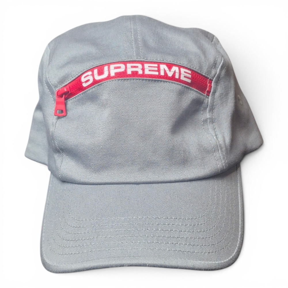 Supreme Top Zip Camp Cap Gray Red Logo 5 Panel Adjustable Hat